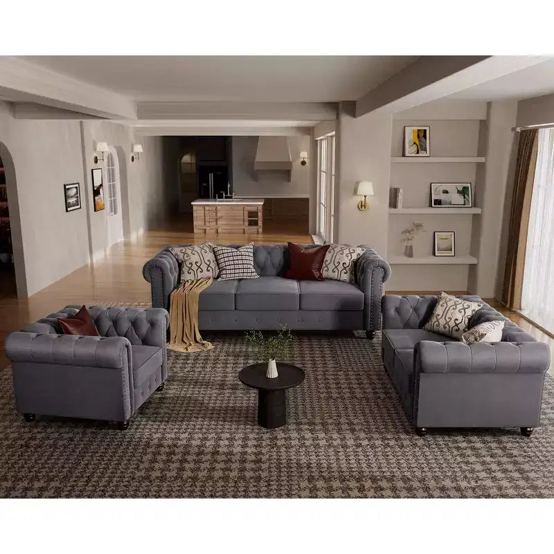 Set Divano Chesterfield in Lino a 3 Pezzi a 6 Posti | Poltrona, Divanetto e Divano