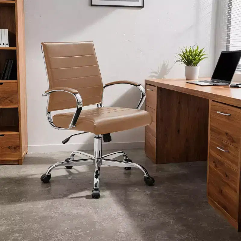 Mid-Century Ribbed Leather Executive Office Chair with Chrome Base | Swivel & Tilt