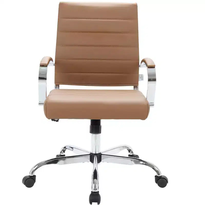 Sedia da ufficio direzionale a coste in pelle Mid-Century con base cromata | Girevole e reclinabile