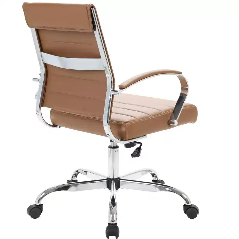 Sedia da ufficio direzionale a coste in pelle Mid-Century con base cromata | Girevole e reclinabile