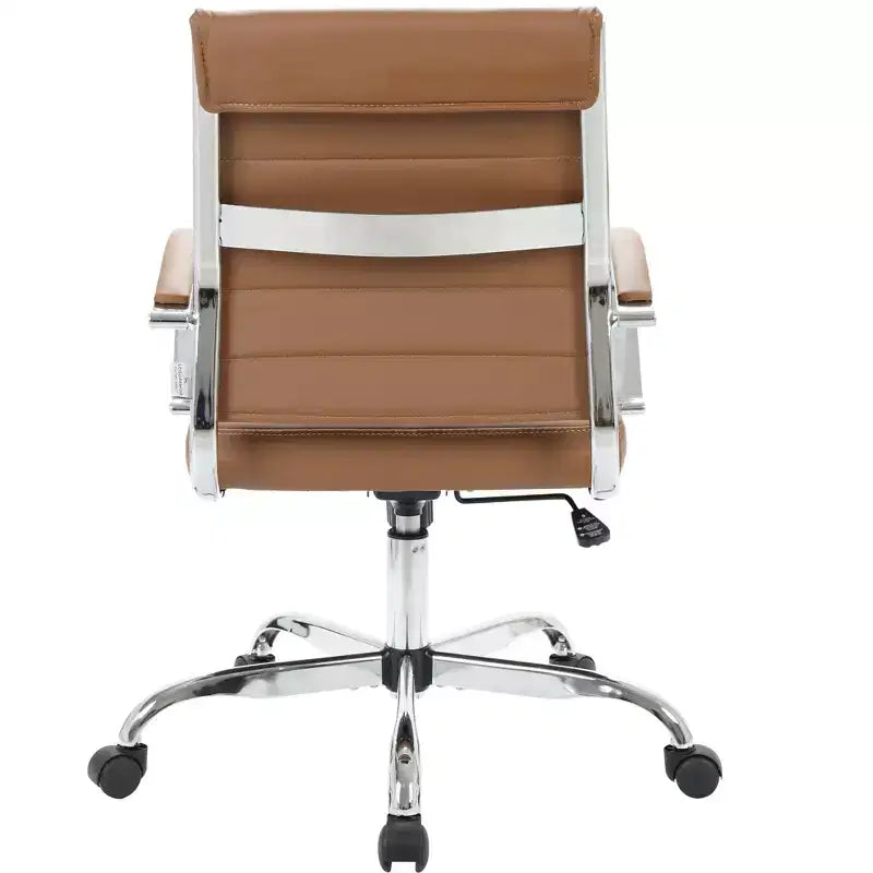 Sedia da ufficio direzionale a coste in pelle Mid-Century con base cromata | Girevole e reclinabile