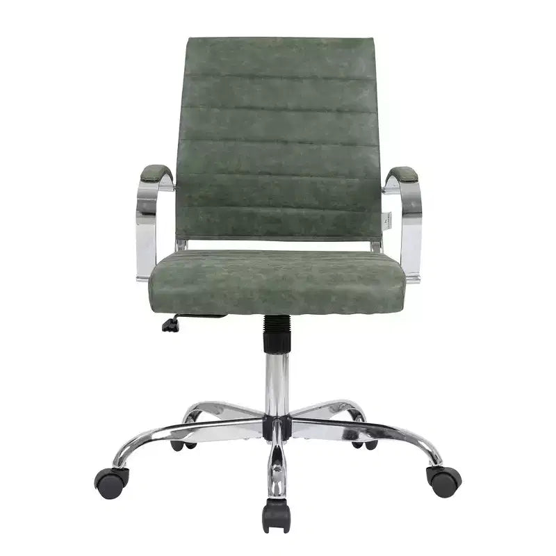 Sedia da ufficio direzionale a coste in pelle Mid-Century con base cromata | Girevole e reclinabile