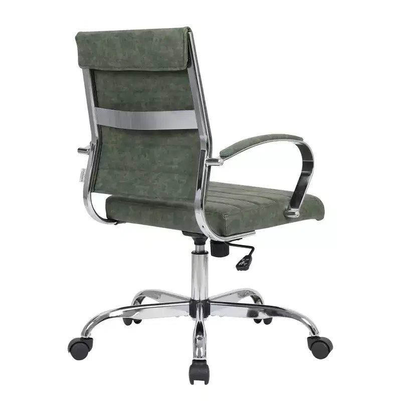 Sedia da ufficio direzionale a coste in pelle Mid-Century con base cromata | Girevole e reclinabile