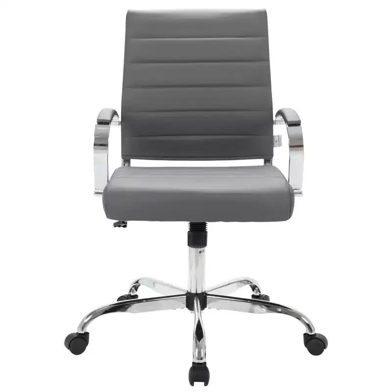 Sedia da ufficio direzionale a coste in pelle Mid-Century con base cromata | Girevole e reclinabile
