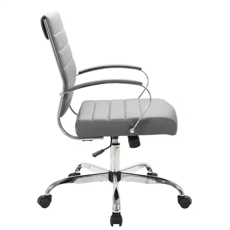 Sedia da ufficio direzionale a coste in pelle Mid-Century con base cromata | Girevole e reclinabile