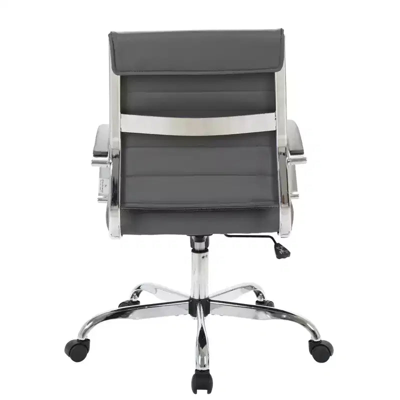 Sedia da ufficio direzionale a coste in pelle Mid-Century con base cromata | Girevole e reclinabile