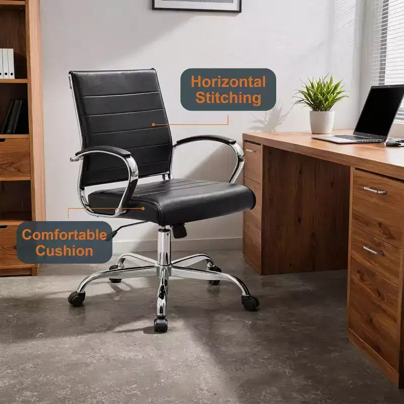 Mid-Century Ribbed Leather Executive Office Chair with Chrome Base | Swivel & Tilt