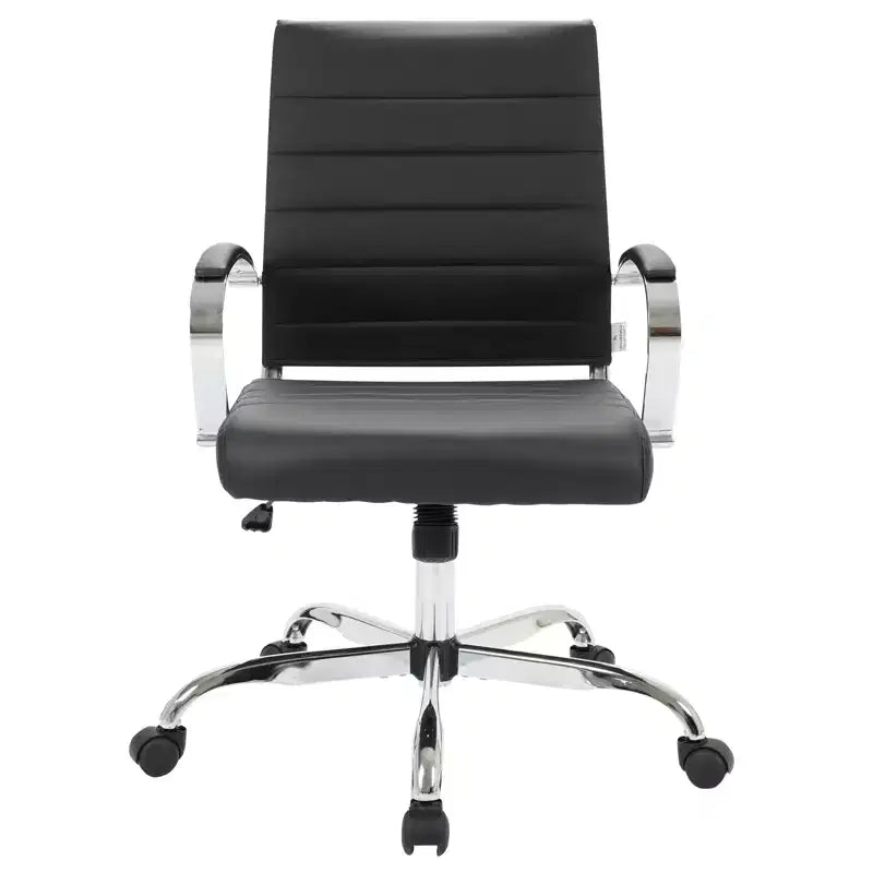 Sedia da ufficio direzionale a coste in pelle Mid-Century con base cromata | Girevole e reclinabile