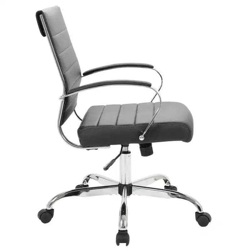 Sedia da ufficio direzionale a coste in pelle Mid-Century con base cromata | Girevole e reclinabile