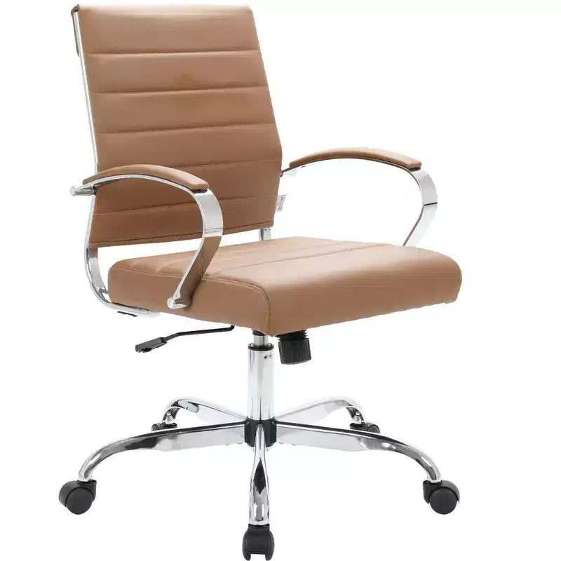 Mid-Century Ribbed Leather Executive Office Chair with Chrome Base | Swivel & Tilt