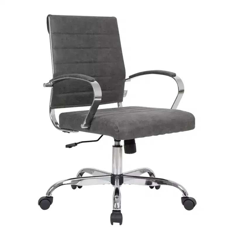 Mid-Century Ribbed Leather Executive Office Chair with Chrome Base | Swivel & Tilt