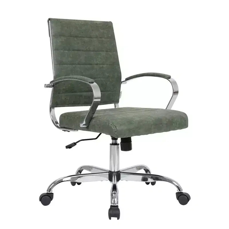 Mid-Century Ribbed Leather Executive Office Chair with Chrome Base | Swivel & Tilt