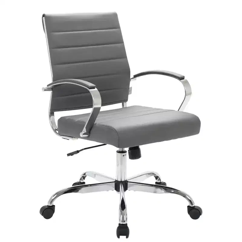 Mid-Century Ribbed Leather Executive Office Chair with Chrome Base | Swivel & Tilt