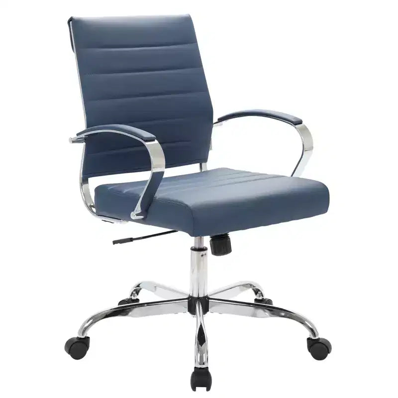 Mid-Century Ribbed Leather Executive Office Chair with Chrome Base | Swivel & Tilt