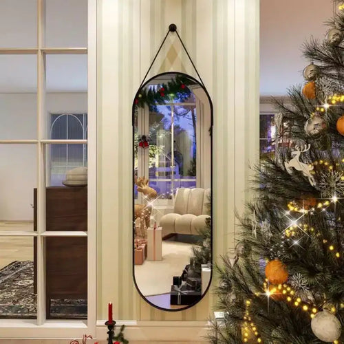 HOMLUX 16x48 Oval Pill Full Length Mirror Decorative Wall Hanging Mirror Bathroom Entryway,Black/Gold