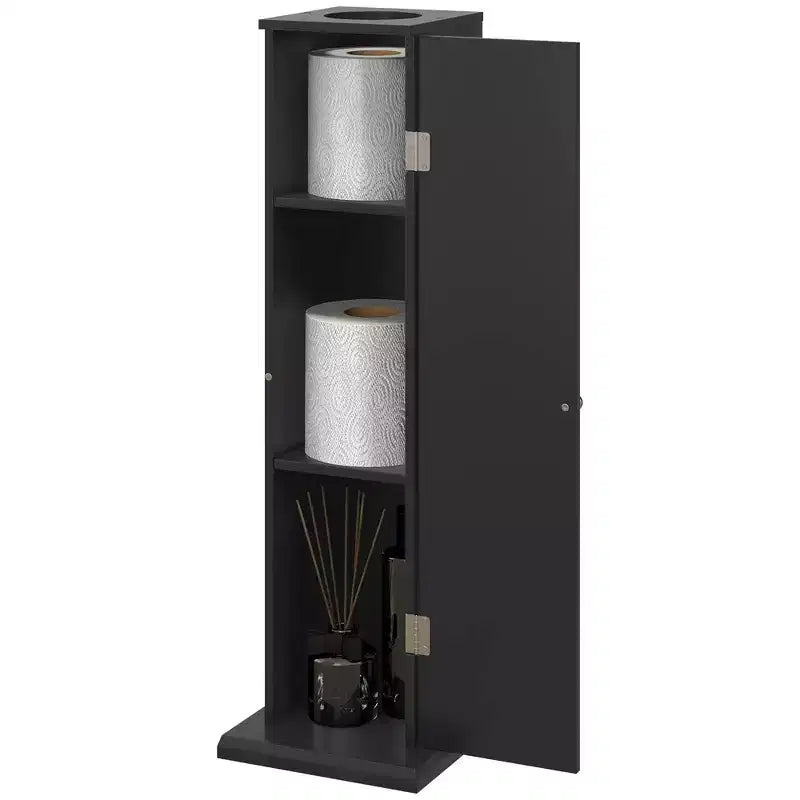Mobiletto angolare sottile per bagno con porta carta igienica e 3 ripiani | Torre da 64,8 cm