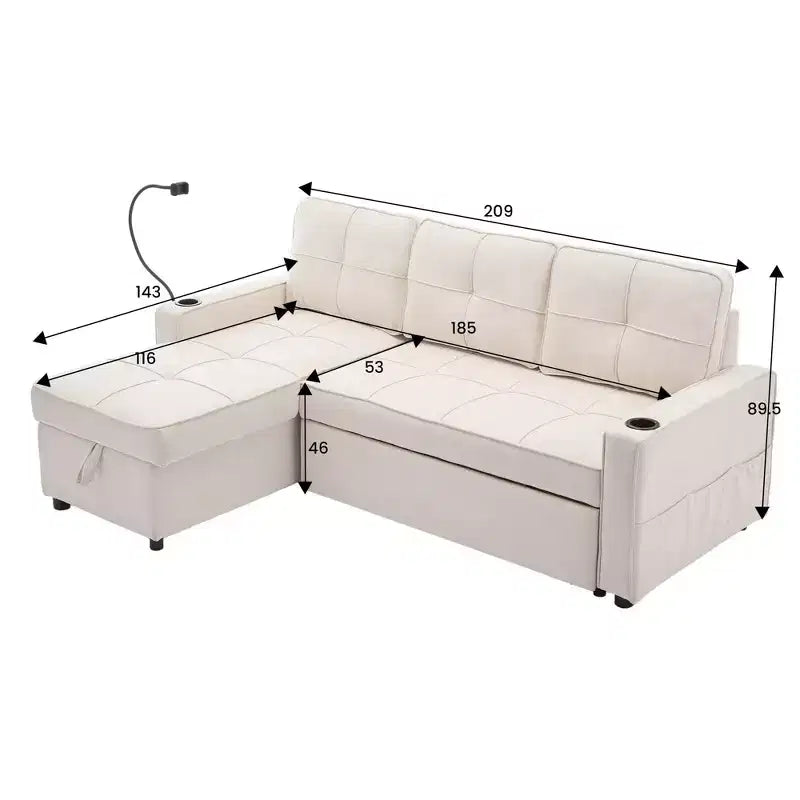 Divano Letto Sezionale a L in Velluto da 208 cm a 3 Pezzi | Divano Letto, Chaise Longue