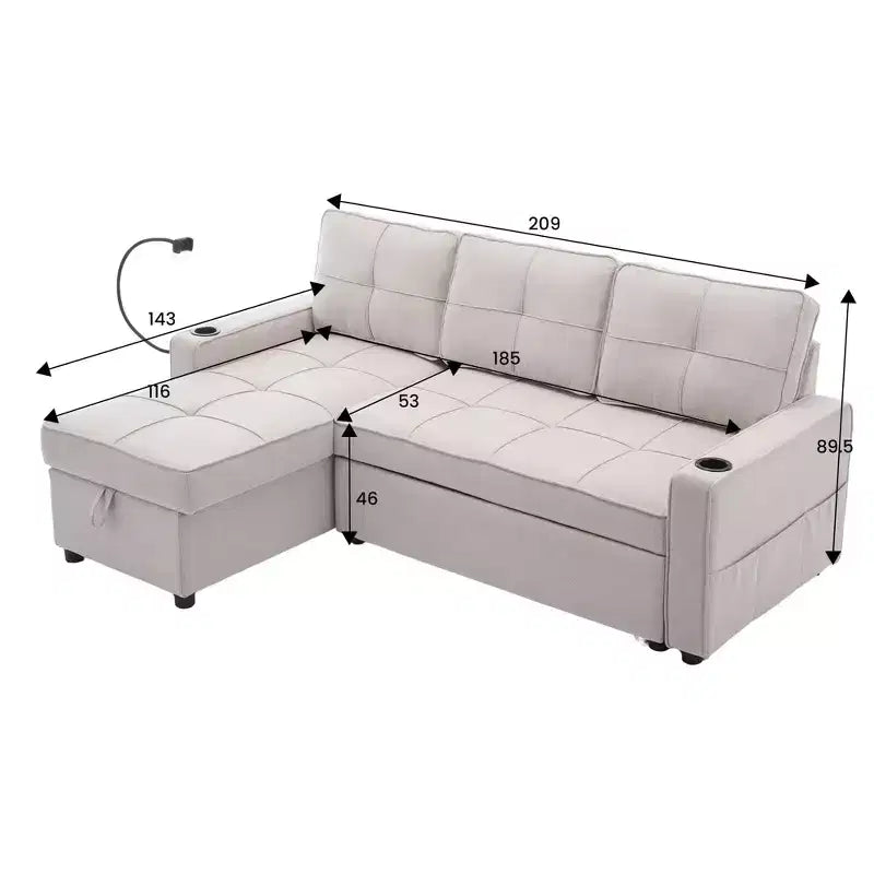 Divano Letto Sezionale a L in Velluto da 208 cm a 3 Pezzi | Divano Letto, Chaise Longue