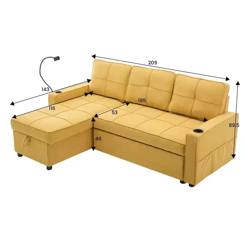 Divano Letto Sezionale a L in Velluto da 208 cm a 3 Pezzi | Divano Letto, Chaise Longue