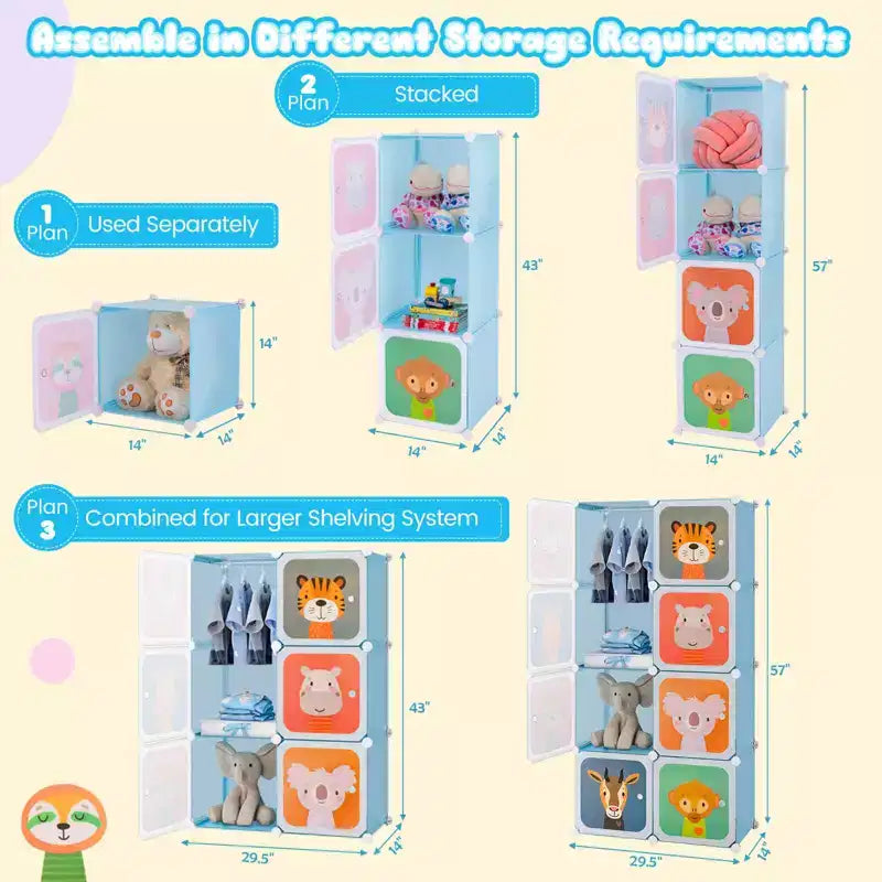 Armadio per Bambini a 8 Cubi con Asta Appendiabiti e Ante Animali | Blu/Rosa/Bianco