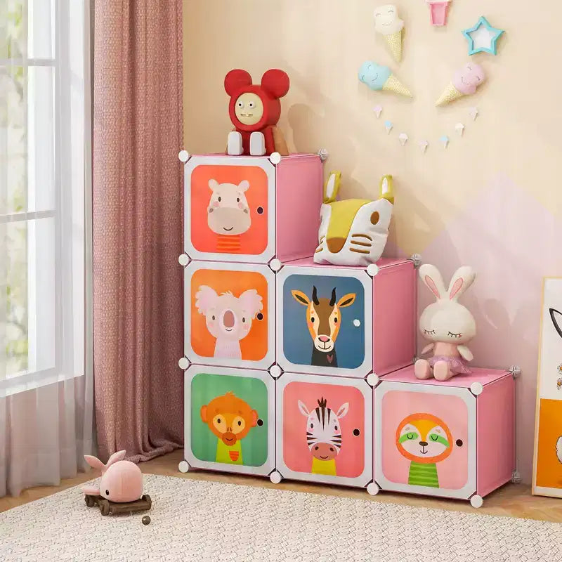 Armadio per Bambini a 8 Cubi con Asta Appendiabiti e Ante Animali | Blu/Rosa/Bianco