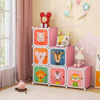 Armadio per Bambini a 8 Cubi con Asta Appendiabiti e Ante Animali | Blu/Rosa/Bianco