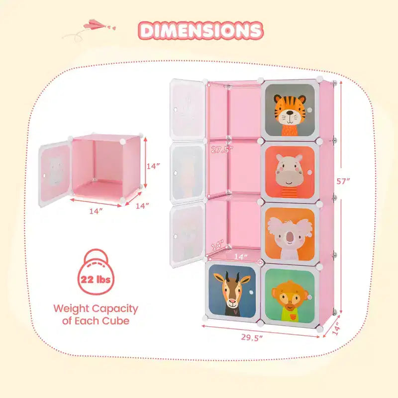 Armadio per Bambini a 8 Cubi con Asta Appendiabiti e Ante Animali | Blu/Rosa/Bianco
