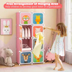 Armadio per Bambini a 8 Cubi con Asta Appendiabiti e Ante Animali | Blu/Rosa/Bianco