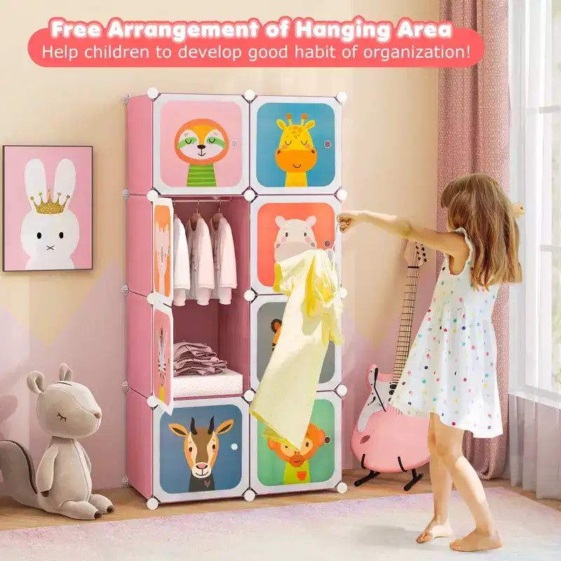 Armadio per Bambini a 8 Cubi con Asta Appendiabiti e Ante Animali | Blu/Rosa/Bianco