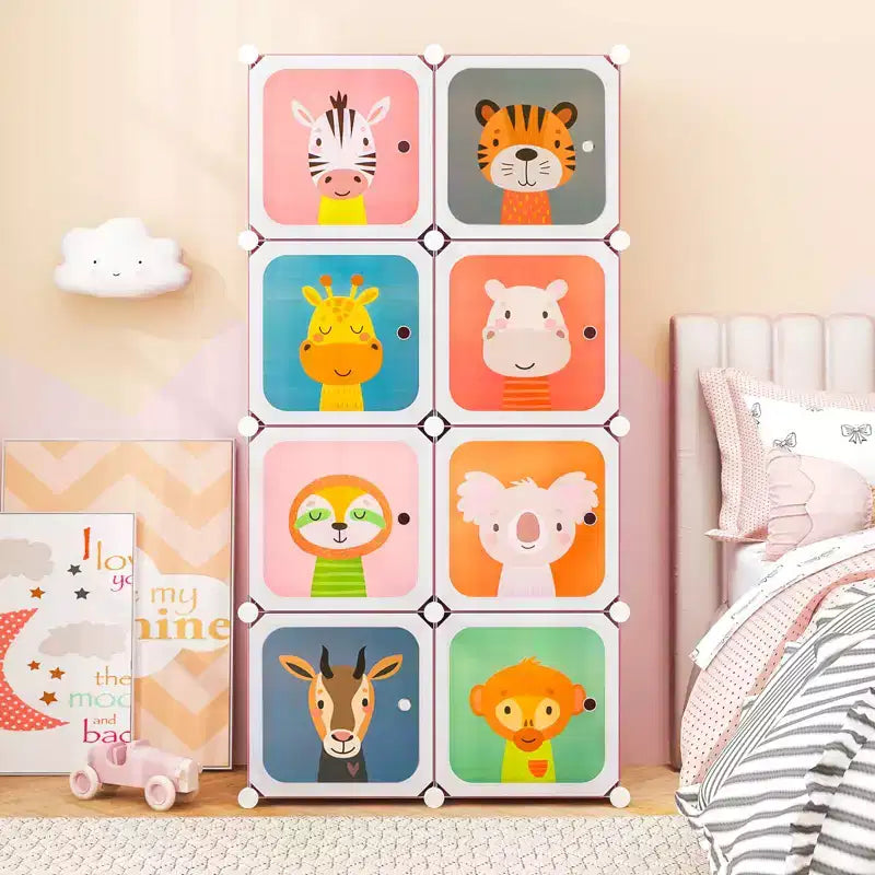 Armadio per Bambini a 8 Cubi con Asta Appendiabiti e Ante Animali | Blu/Rosa/Bianco