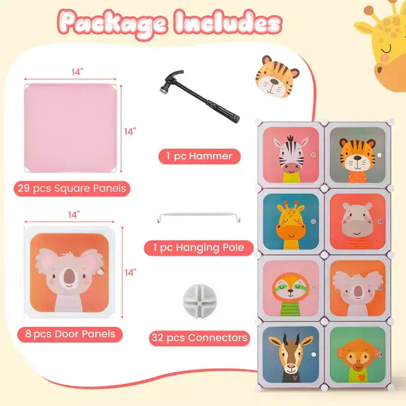 Armadio per Bambini a 8 Cubi con Asta Appendiabiti e Ante Animali | Blu/Rosa/Bianco