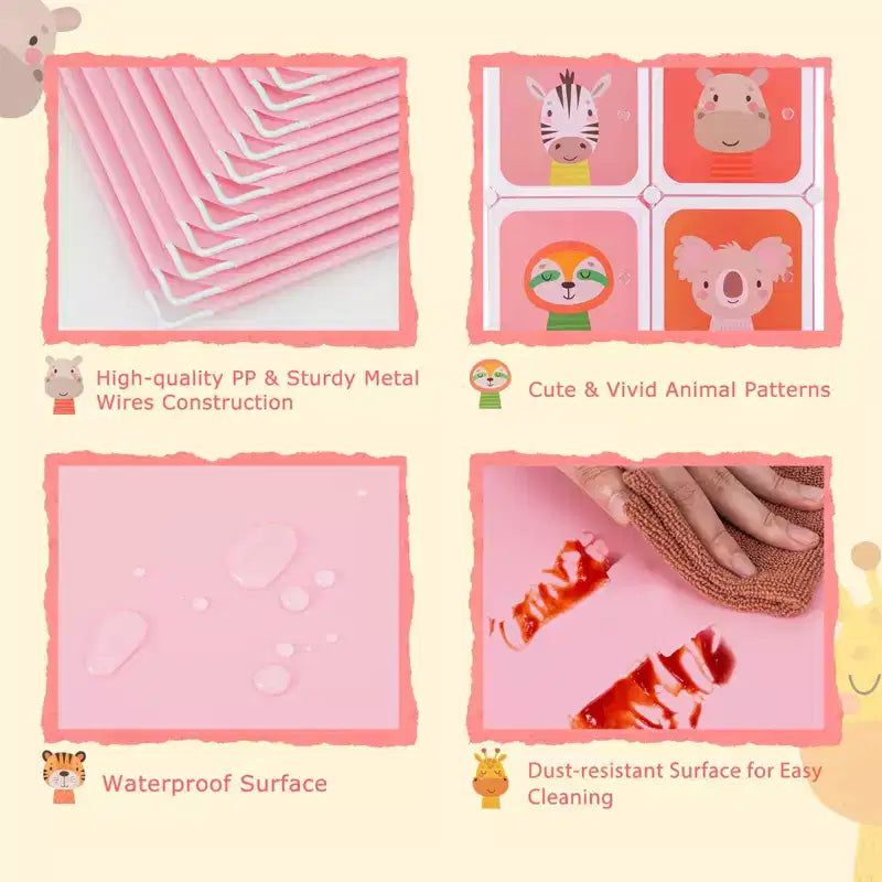 Armadio per Bambini a 8 Cubi con Asta Appendiabiti e Ante Animali | Blu/Rosa/Bianco