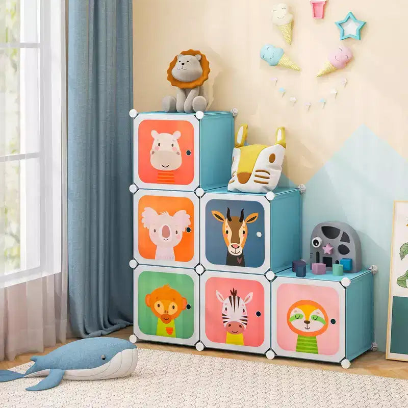 Armadio per Bambini a 8 Cubi con Asta Appendiabiti e Ante Animali | Blu/Rosa/Bianco