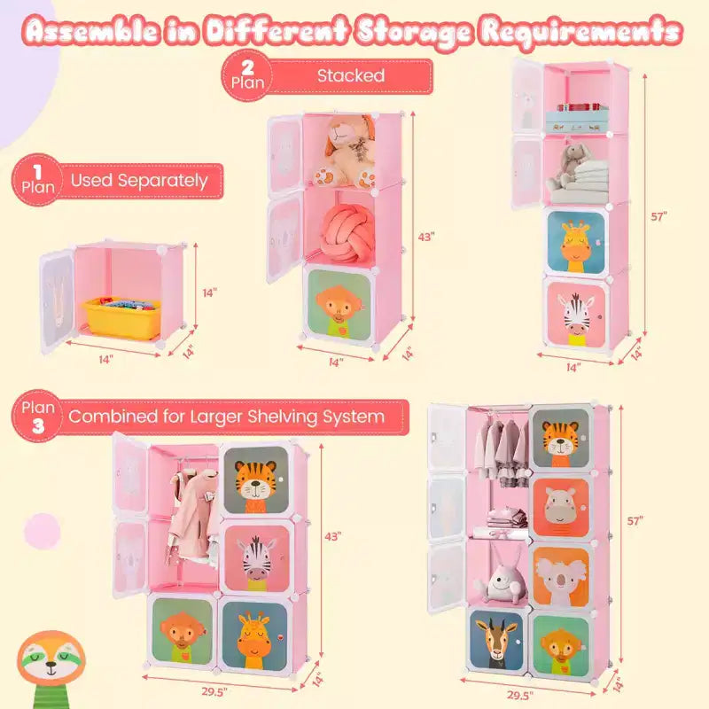 Armadio per Bambini a 8 Cubi con Asta Appendiabiti e Ante Animali | Blu/Rosa/Bianco