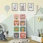 Armadio per Bambini a 8 Cubi con Asta Appendiabiti e Ante Animali | Blu/Rosa/Bianco