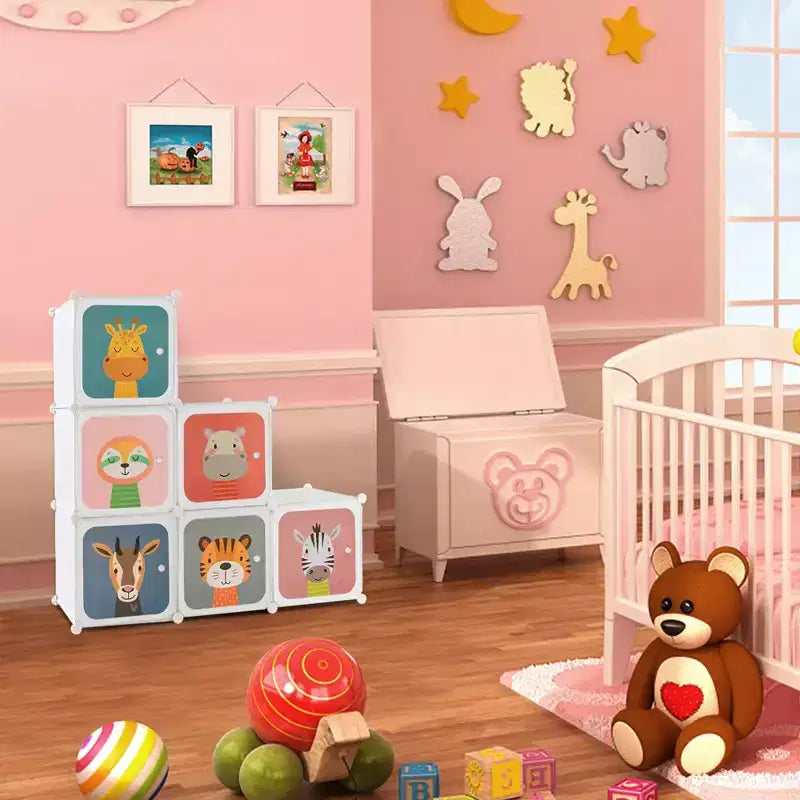 Armadio per Bambini a 8 Cubi con Asta Appendiabiti e Ante Animali | Blu/Rosa/Bianco