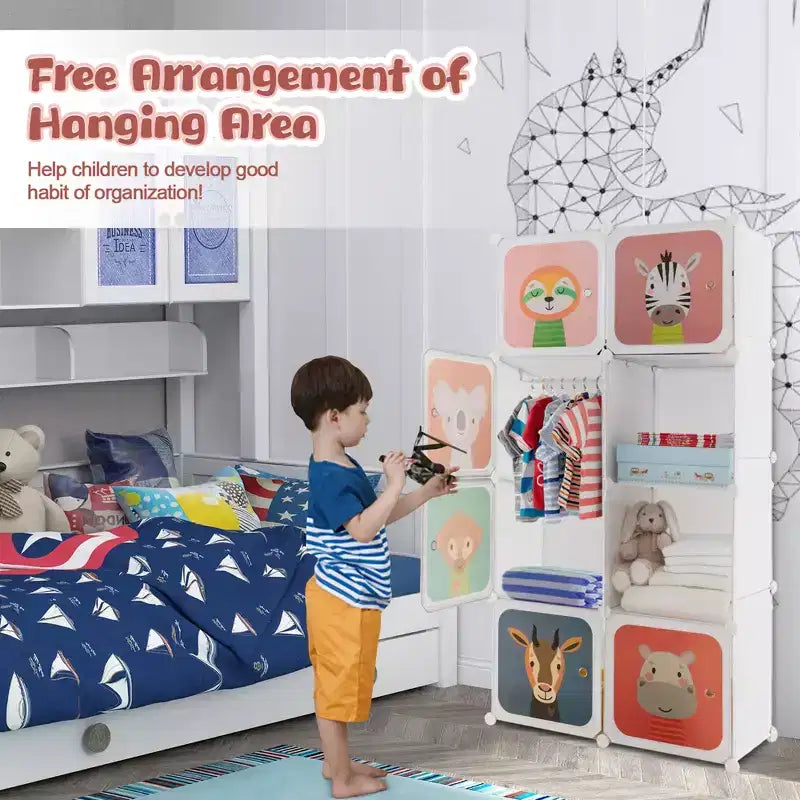 Armadio per Bambini a 8 Cubi con Asta Appendiabiti e Ante Animali | Blu/Rosa/Bianco
