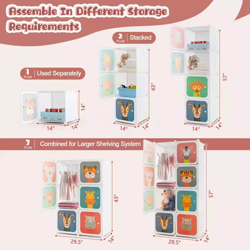 Armadio per Bambini a 8 Cubi con Asta Appendiabiti e Ante Animali | Blu/Rosa/Bianco