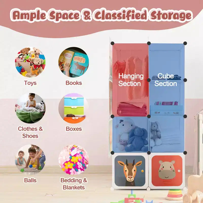 Armadio per Bambini a 8 Cubi con Asta Appendiabiti e Ante Animali | Blu/Rosa/Bianco