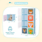Armadio per Bambini a 8 Cubi con Asta Appendiabiti e Ante Animali | Blu/Rosa/Bianco