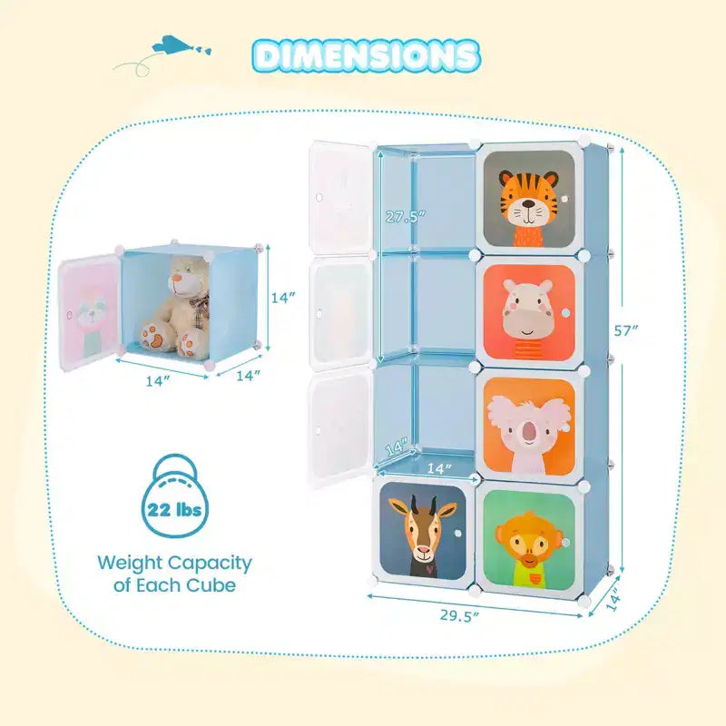 Armadio per Bambini a 8 Cubi con Asta Appendiabiti e Ante Animali | Blu/Rosa/Bianco