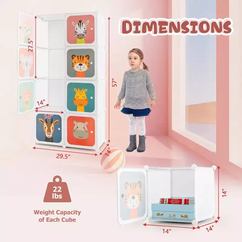 Armadio per Bambini a 8 Cubi con Asta Appendiabiti e Ante Animali | Blu/Rosa/Bianco