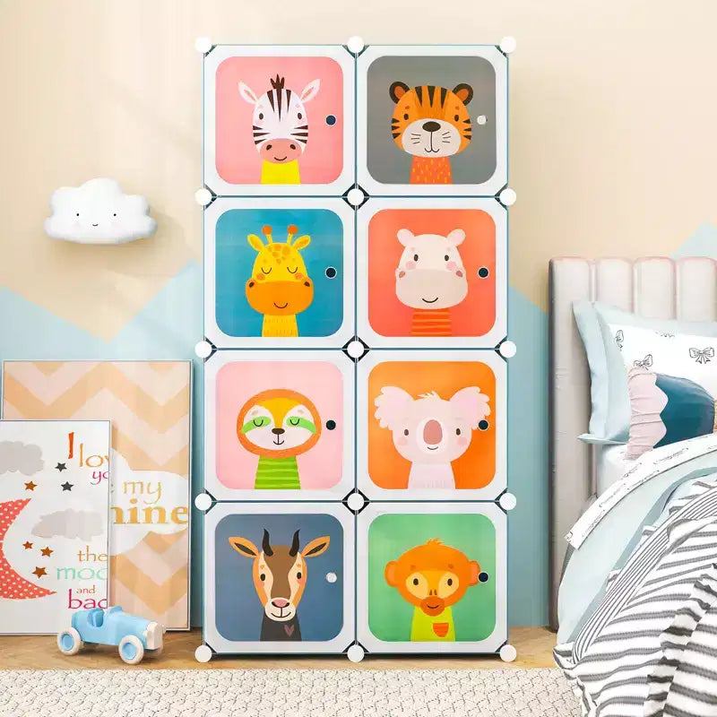 Armadio per Bambini a 8 Cubi con Asta Appendiabiti e Ante Animali | Blu/Rosa/Bianco