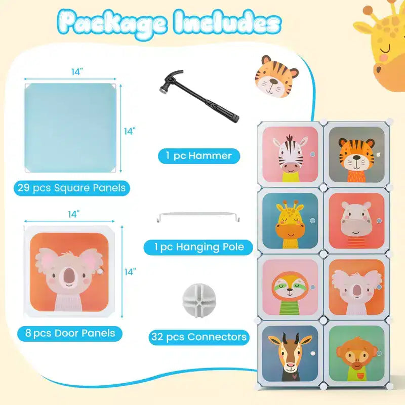 Armadio per Bambini a 8 Cubi con Asta Appendiabiti e Ante Animali | Blu/Rosa/Bianco