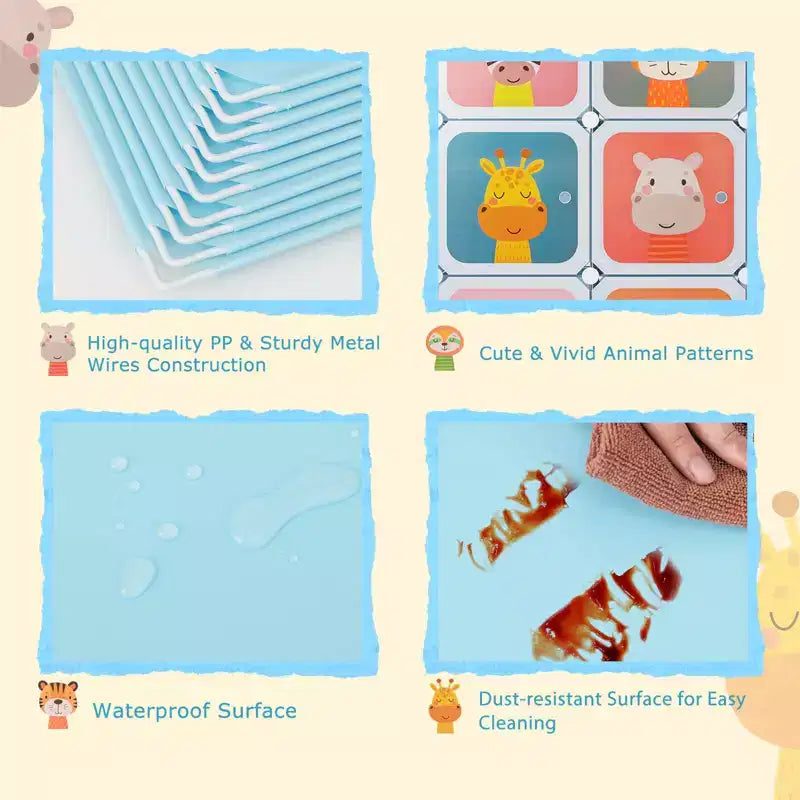 Armadio per Bambini a 8 Cubi con Asta Appendiabiti e Ante Animali | Blu/Rosa/Bianco