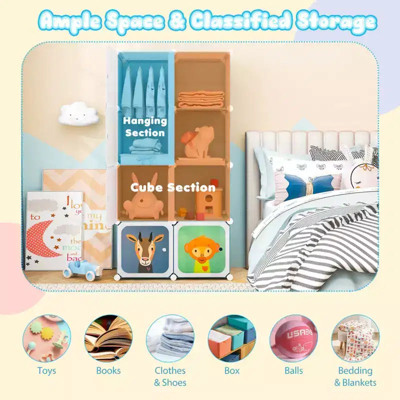 Armadio per Bambini a 8 Cubi con Asta Appendiabiti e Ante Animali | Blu/Rosa/Bianco
