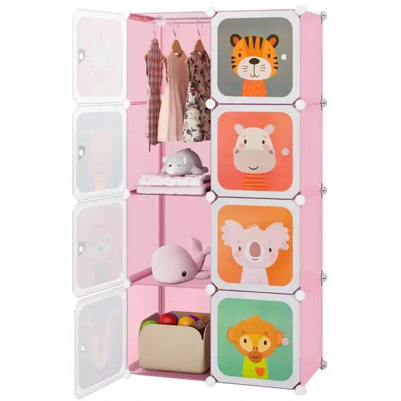 Armadio per Bambini a 8 Cubi con Asta Appendiabiti e Ante Animali | Blu/Rosa/Bianco