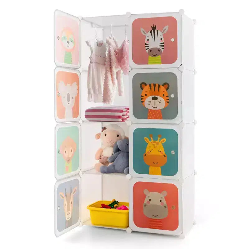 Armadio per Bambini a 8 Cubi con Asta Appendiabiti e Ante Animali | Blu/Rosa/Bianco