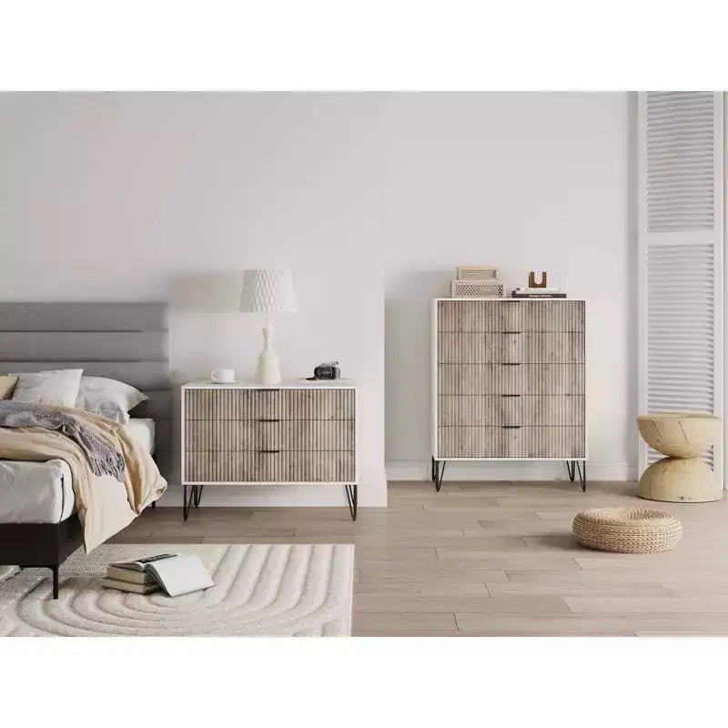 Set comò moderno 2 pezzi | Verticale a 5 cassetti e orizzontale a 3 cassetti con ferramenta antiribaltamento
