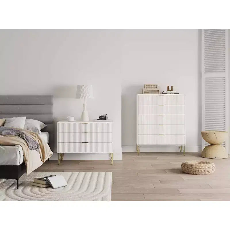 Set comò moderno 2 pezzi | Verticale a 5 cassetti e orizzontale a 3 cassetti con ferramenta antiribaltamento